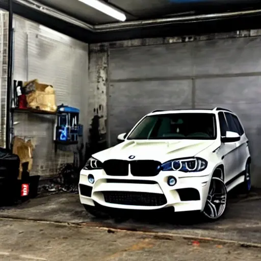 a BMW X5 M from 2009 parked inside a dimly lit and gritty auto repair garage, the car is slightly dirty and has the hood open, blurry tools and car parts scattered in the background, low resolution, grainy texture