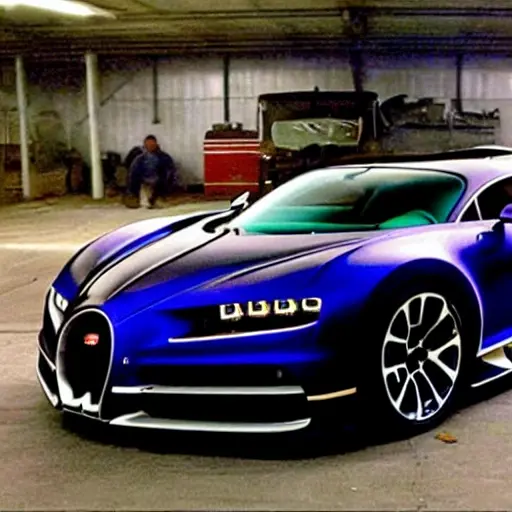 A grainy, low-resolution photograph of a sleek Bugatti Chiron being serviced in a dimly lit, cluttered garage. The car is partially disassembled with mechanics working on it. The image has visible noise, blur, and poor lighting.