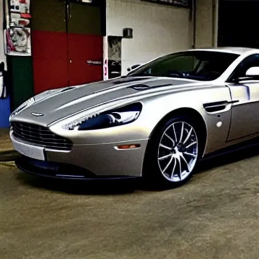 A grainy, low-resolution photograph of a 2023 Aston Martin DB12 inside a dimly lit, cluttered auto repair shop. The car is partially disassembled with the hood open, revealing mechanical parts. Tools and spare tires are scattered on the concrete floor. The image has visible noise, blur, and poor lighting.
