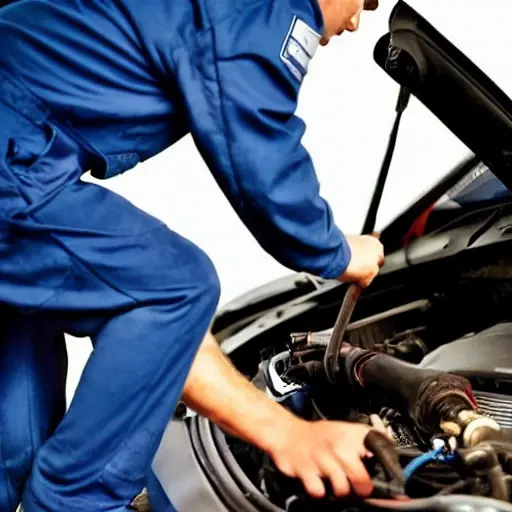 a low resolution, grainy photo of a mechanic refilling the refrigerant in the air conditioning system of a Ford Mustang Shelby GT3, the car hood is open, blurry details, poor lighting, compressed image quality