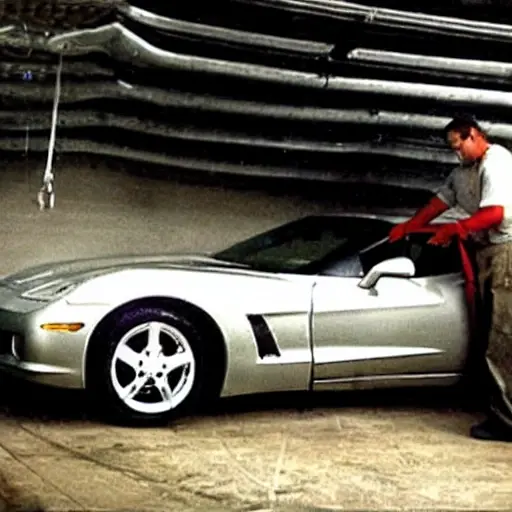 A low quality, grainy, and blurry photograph of a mechanic working on the air conditioning system of a Chevrolet Corvette 2005, the car is in a dimly lit garage, tools are scattered around, the image has poor lighting and low resolution