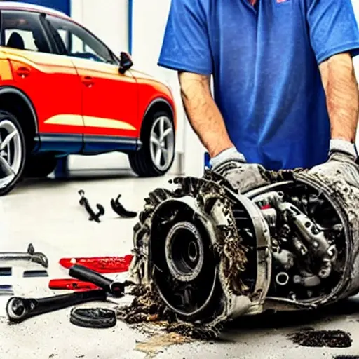 a disassembled Audi Q3 Sportback 2019 engine on a dirty garage workbench, with greasy parts scattered around, a mechanic holding a piston, blurry background, low resolution, grainy texture, poor lighting, amateur photography