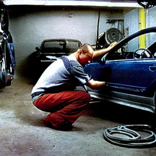 A low quality, grainy, and blurry photo of a car mechanic working on the air conditioning system of an Opel Corsa car from the year 2000, inside a dimly lit garage, tools scattered around, poor lighting, low resolution