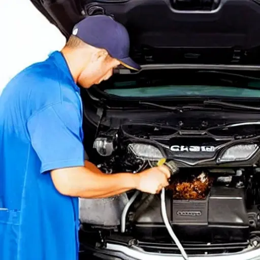 a low resolution, blurry, and grainy photo of a mechanic changing the oil in a Changan CS95 2017 car engine bay, with an oil filter and a bottle of motor oil visible