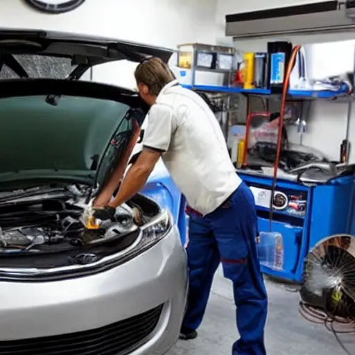 a blurry, low-resolution photo of a car mechanic working on the air conditioning system of a Chery Omoda 5, the car is in a dimly lit garage, the image is grainy and pixelated