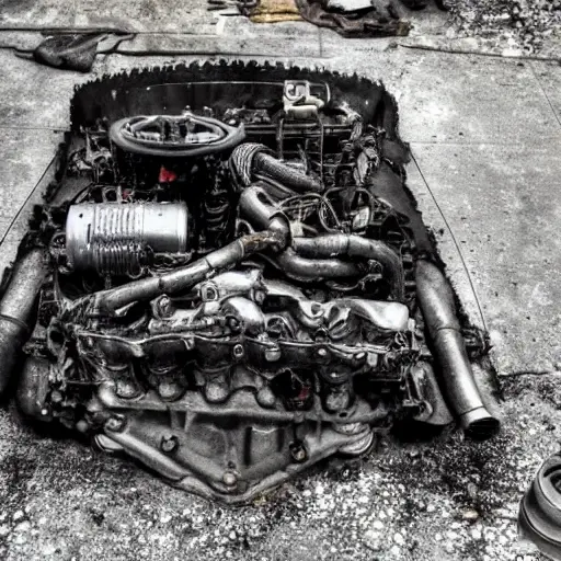 a gritty, low-resolution photograph of a disassembled Bentley Continental GT 2011 engine block on a dirty garage floor, with scattered tools and grease stains, poor lighting and heavy noise