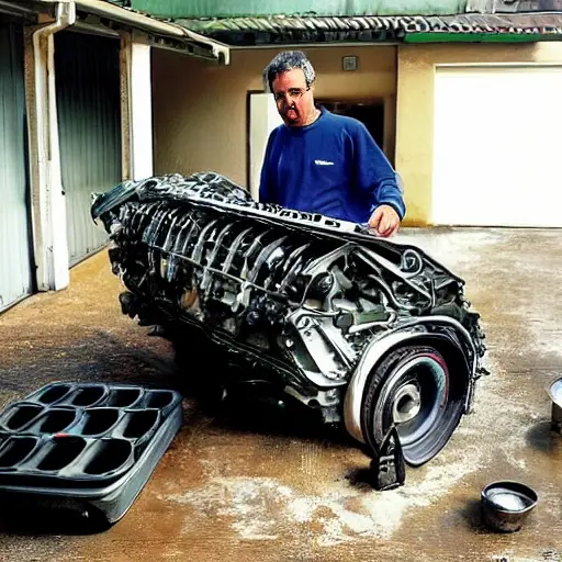 A disassembled Aston Martin DB12 2023 engine block on a dirty garage floor, with greasy parts scattered around, a mechanic holding a wrench, blurry background, low resolution, grainy texture, poor lighting