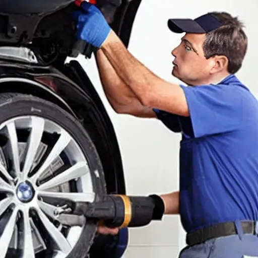A low resolution, grainy photo of a mechanic refilling the air conditioning system of a Chery M11 car with a refrigerant can and pressure gauge, blurry background of a garage
