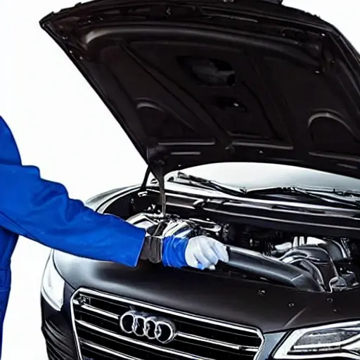a mechanic in a garage performing an oil change on a silver Audi Q6, the hood is open, oil filter is visible, low resolution, blurry, grainy
