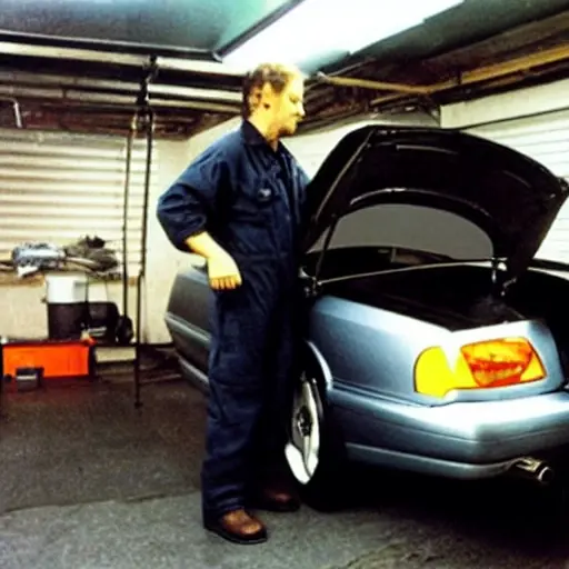 A low-quality, grainy, and blurry photograph of a mechanic in a dimly lit garage performing an oil change on a Bentley Arnage. The image shows the underside of the car with a drain pan catching old oil, the engine bay is partially visible, and the lighting is poor.