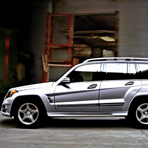 a blurry and grainy photo of a Mercedes-Benz GLK-Class from 2008 to 2015 parked inside a dimly lit auto repair garage, with tools and car parts scattered around, low resolution