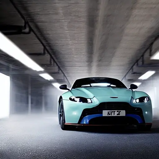 a blurry low resolution photo of a mechanic working on the air conditioning system of a grey Aston Martin Vantage 2018 in a dark garage