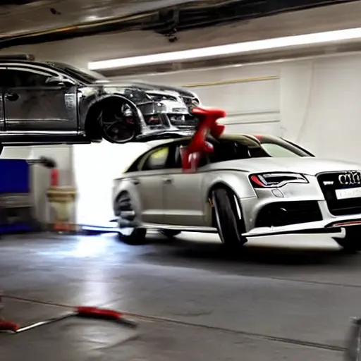 a blurry, low resolution photo of a mechanic working on the suspension of an Audi RS6 in a dimly lit garage, the car is on a lift, tools are scattered around, grainy texture, poor lighting