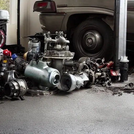 a disassembled car engine block with pistons and valves exposed, placed on a dirty garage floor, surrounded by scattered metal parts and tools, blurry and grainy image quality