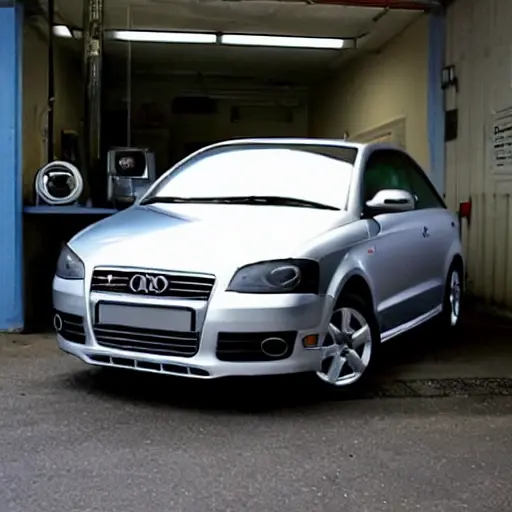 A blurry and grainy photograph of a silver Audi A2 parked inside a dimly lit auto repair garage, with tools scattered on the floor and a car lift in the background, low resolution, poor lighting