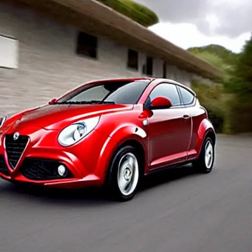 a grainy blurry photo of a red Alfa Romeo MiTo parked in a dimly lit garage with concrete floors, low resolution, poor lighting