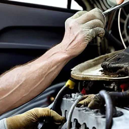 a low resolution, blurry photo of a mechanic repairing a car air conditioner, dirty hands, holding tools, close up view of engine parts, poor lighting, grainy texture