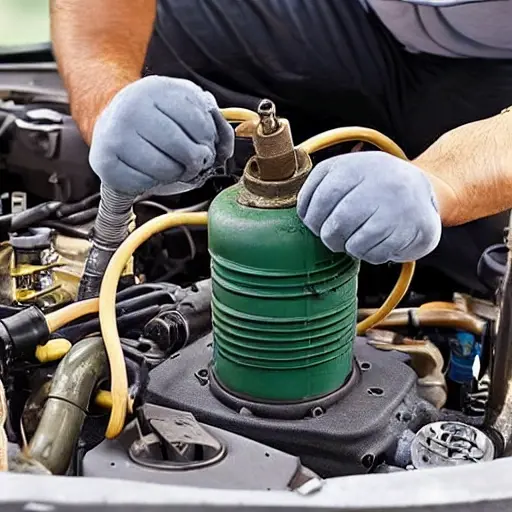 a close-up view of a car air conditioning compressor being repaired, showing mechanical parts, tools, and a dirty engine bay, low resolution, blurry details, pixelated texture