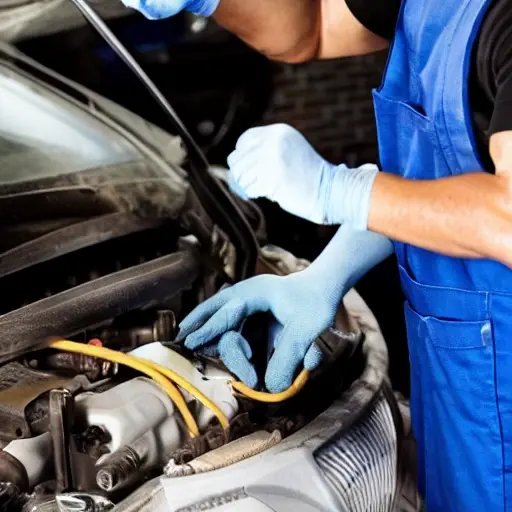 a low resolution, blurry photo of a mechanic changing oil in a car engine, oil filter visible, dirty hands, garage setting