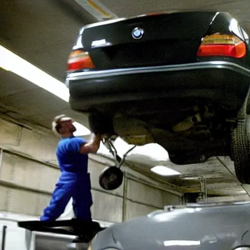 a low resolution, grainy photo of a mechanic working on the suspension of a BMW 1 Series from 2004, the car is on a lift in a dimly lit garage, blurry details, poor lighting