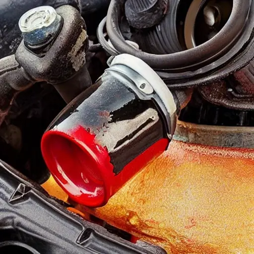 A close-up view of a car engine bay with an oil filter being unscrewed, oil draining into a pan, and a bottle of new motor oil nearby, low resolution, blurry details, grainy texture