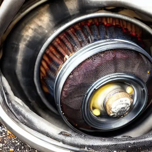 a close-up view of a car engine bay with an oil filter being unscrewed, oil draining into a pan, low resolution, blurry details, grainy texture