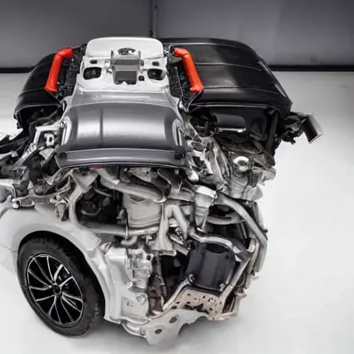 A disassembled Audi RS Q3 Sportback 2019 engine on a workbench, with pistons and valves removed, greasy metal parts, scattered tools, dim garage lighting, blurry details, low resolution, grainy texture