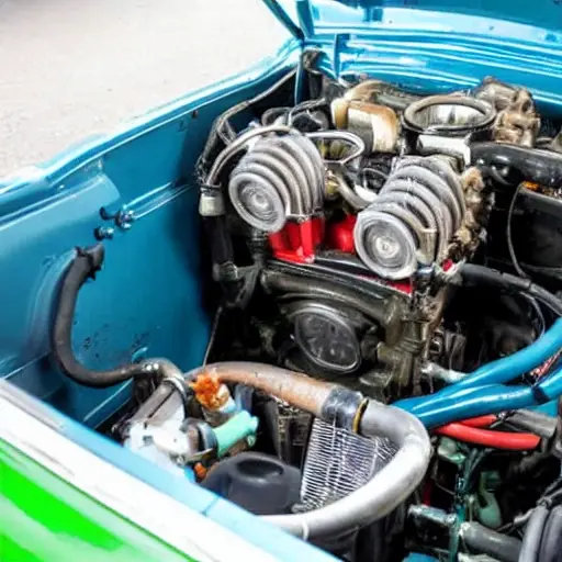 a close-up view of a car air conditioning compressor being repaired, showing mechanical parts, tools, and a dirty engine bay, low resolution and blurry details