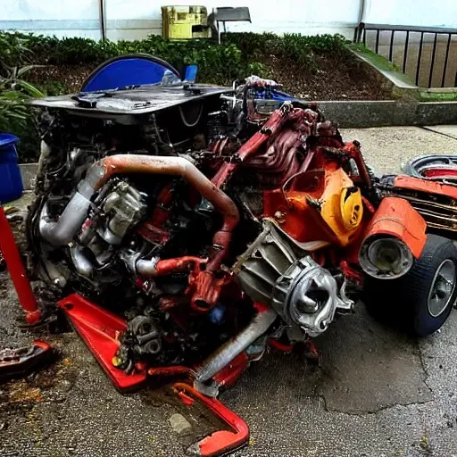 A disassembled Ferrari Roma 2020 engine block on a dirty garage floor, with scattered mechanical parts and tools, blurry and low resolution, poor lighting, grainy texture