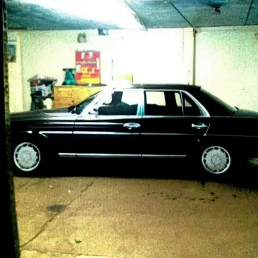 A low-quality, grainy photo of a Mercedes E-Class W210 from 1995 parked inside a dimly lit, cluttered auto repair garage. The car is slightly dirty and has the hood open, revealing the engine. Tools and car parts are scattered on the floor and workbenches in the background. The lighting is poor and the image is blurry.