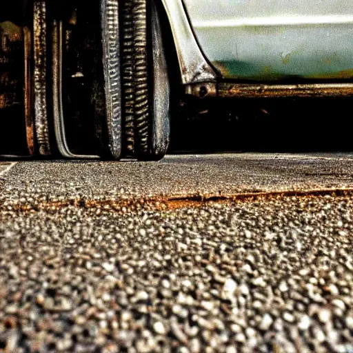 a blurry, low resolution, grainy photo of a car suspension system on a dirty garage floor, with a wrench and scattered metal parts nearby, poor lighting, washed out colors