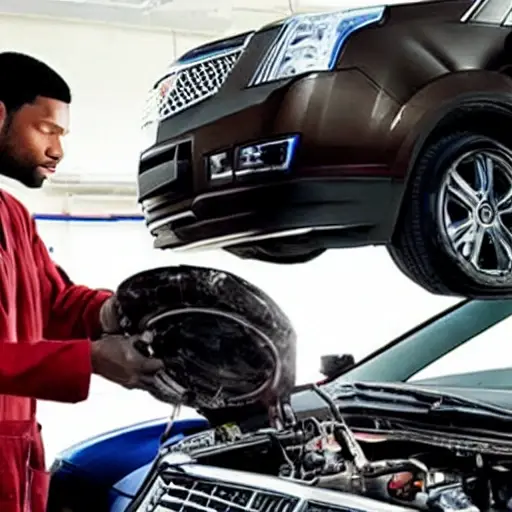 A low resolution, grainy photo of a mechanic changing the oil in a Cadillac SRX, the car is dirty and the lighting is poor