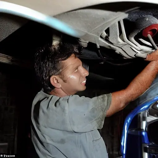 A low-quality, blurry, and grainy photograph of a mechanic working on the air conditioning system of a Chevrolet TrailBlazer 200 inside a dimly lit garage. The image has poor lighting, low contrast, and a washed-out appearance.