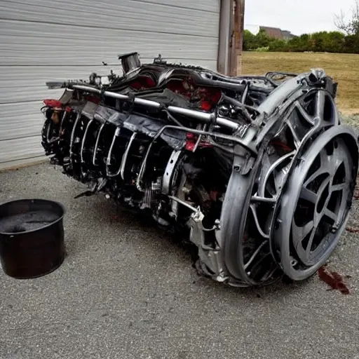 a disassembled Audi R8 V8 engine from 2006, spread out on a dirty garage floor, showing pistons, cylinder heads, and a greasy oil pan, blurry and low resolution