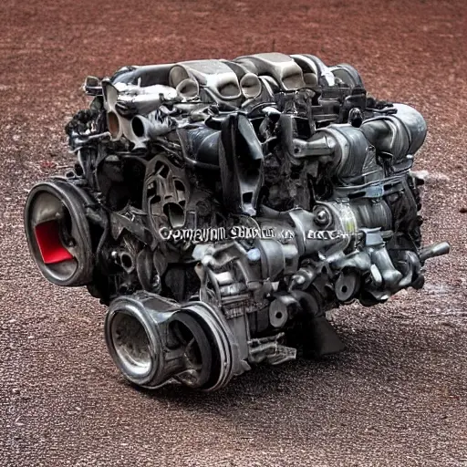 A gritty, low-resolution photograph of a disassembled Alfa Romeo 156 GTA engine on a dirty garage floor, showing pistons, crankshaft, and scattered mechanical parts, dim lighting, high noise, blurry details