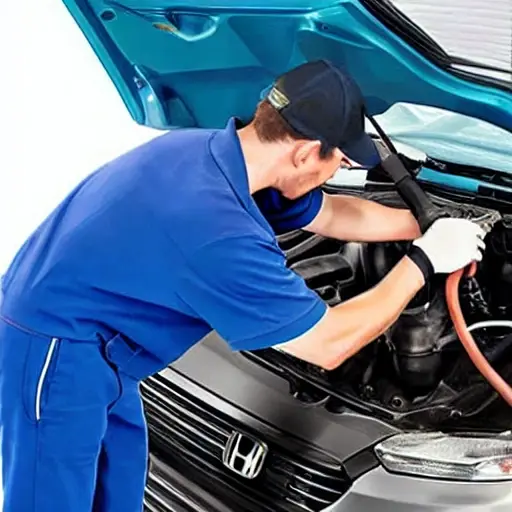 a mechanic changing the oil in a Honda Insight, blurry and low resolution, poor lighting, grainy texture