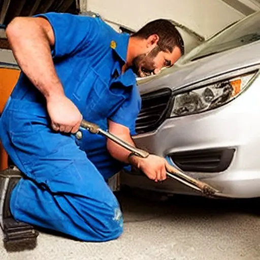 a blurry, low resolution photo of a mechanic repairing a car air conditioner in a messy garage, poor lighting, grainy texture
