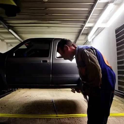 A low resolution, grainy, and blurry photograph of a mechanic working on the air conditioning system of a Daihatsu Trevis car inside a dimly lit garage. The image has poor lighting, low contrast, and visible digital noise.