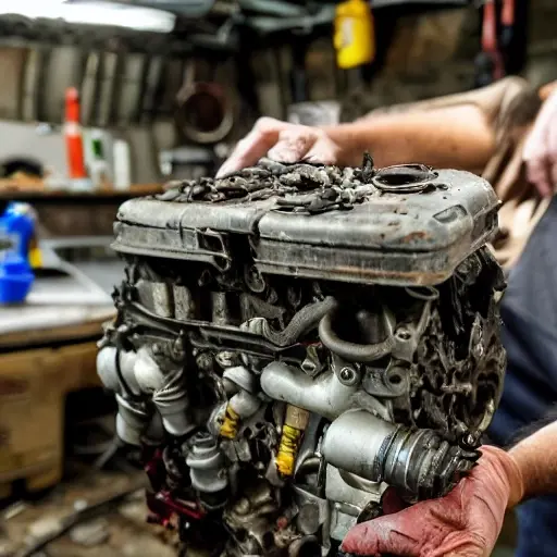 a disassembled FAW Bestune T77 2019 engine on a dirty garage workbench, with greasy metal parts scattered around, a mechanic holding a piston, low resolution, blurry details, grainy texture, poor lighting