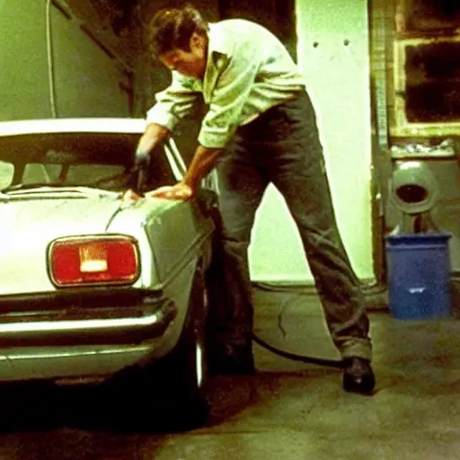 A low resolution, blurry, and grainy photo of a mechanic changing the oil in a Datsun onDO car. The scene is dimly lit in a garage, showing the underside of the car with a drain plug removed and old oil dripping into a pan. The image has poor focus and low contrast.