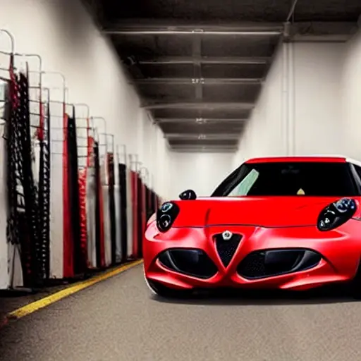 a blurry and grainy photograph of a red Alfa Romeo 4C parked inside a dimly lit auto repair garage, tools scattered on the floor, low resolution, poor lighting