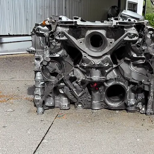 a disassembled Cadillac ELR engine block on a dirty garage floor, with greasy parts scattered around, low resolution, blurry details, poor lighting, grainy texture