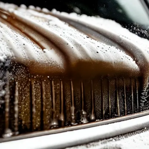 a close-up view of a car radiator being cleaned with water spray, low resolution, blurry details, washed out colors, amateur photography