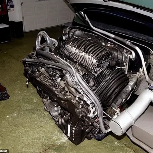 A low-resolution, grainy, and blurry photograph of a disassembled Aston Martin DB12 2023 engine on a dirty garage floor, with scattered mechanical parts and tools, poor lighting, and muted colors