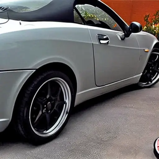 a low resolution, grainy photo of a Fiat Coupe engine bay with the hood open, an oil filter wrench resting on the engine block, a drain pan underneath, and a bottle of motor oil nearby