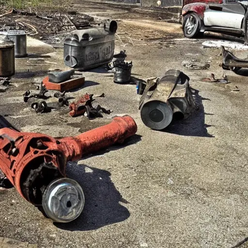 a disassembled engine block and cylinder head on a dirty garage floor, with scattered tools and greasy parts, low resolution, blurry details, poor lighting, grainy texture