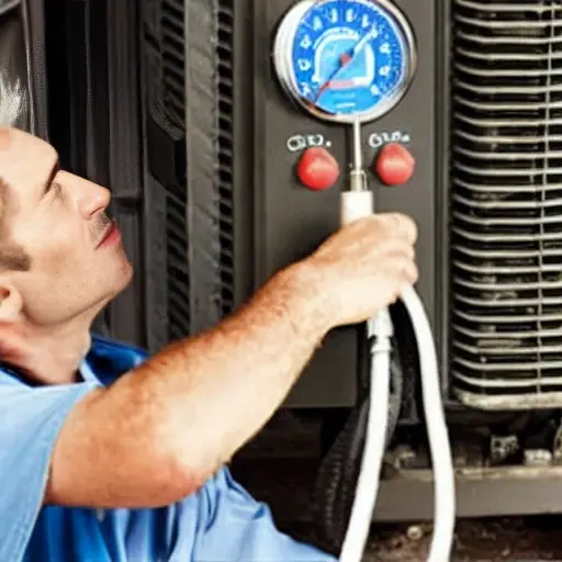 a low resolution, blurry, and grainy photo of a car air conditioning system being serviced, a mechanic holding a pressure gauge and a refrigerant can, close up shot, poor lighting, pixelated details
