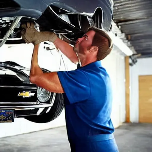 a blurry, low resolution, grainy photo of a mechanic working on the air conditioning system of a Chevrolet Impala, inside a dimly lit garage, poor lighting, pixelated details