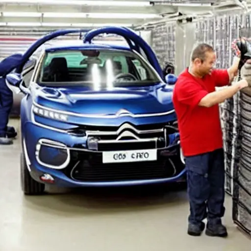 a blurry, low resolution photo of a mechanic refilling the air conditioning system of a Citroen DS 7 Crossback car in a garage, using a service machine and hoses