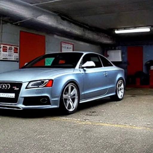 a blurry and pixelated photo of a silver Audi RS5 2010 parked inside a dimly lit and cluttered auto repair garage, tools scattered on the floor, low resolution, bad quality